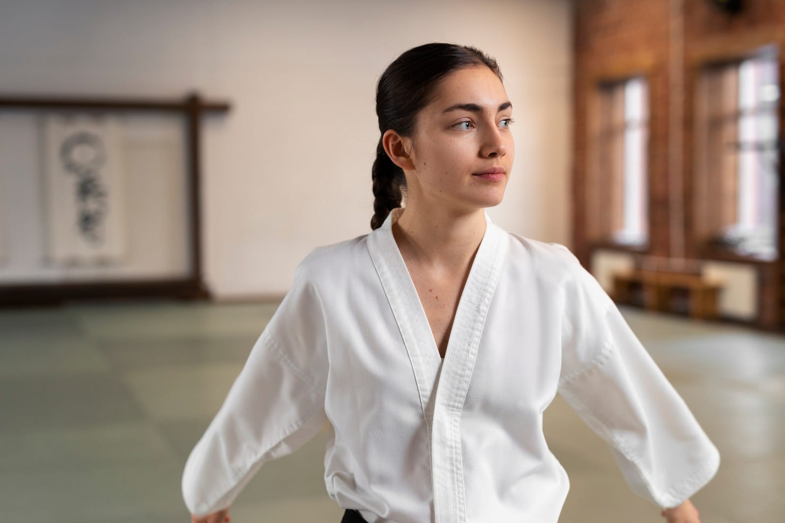 A woman in a white gi stands in a sunlit dojo looking off to the side.